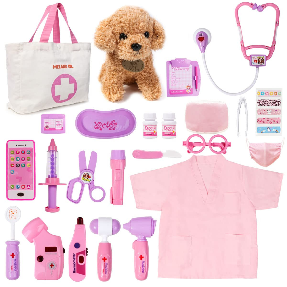 Meland Toy Doctor Kit for Girls - Pretend Play Doctor Set with Dog Toy, Carrying Bag, Stethoscope... | Amazon (US)