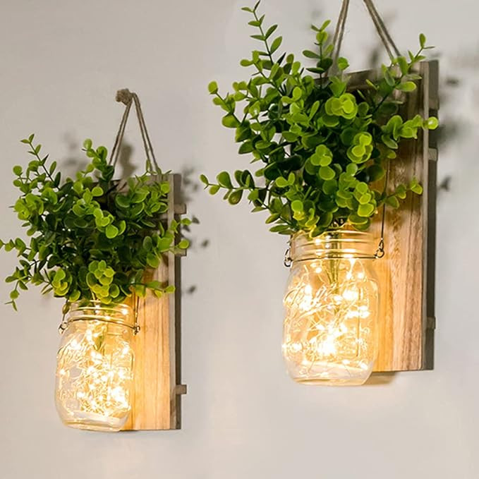 Rustic Wall Sconces, Mason Jar Sconces, Farmhouse Home Decor, LED Fairy Lights, Green Fake Plant,... | Amazon (US)