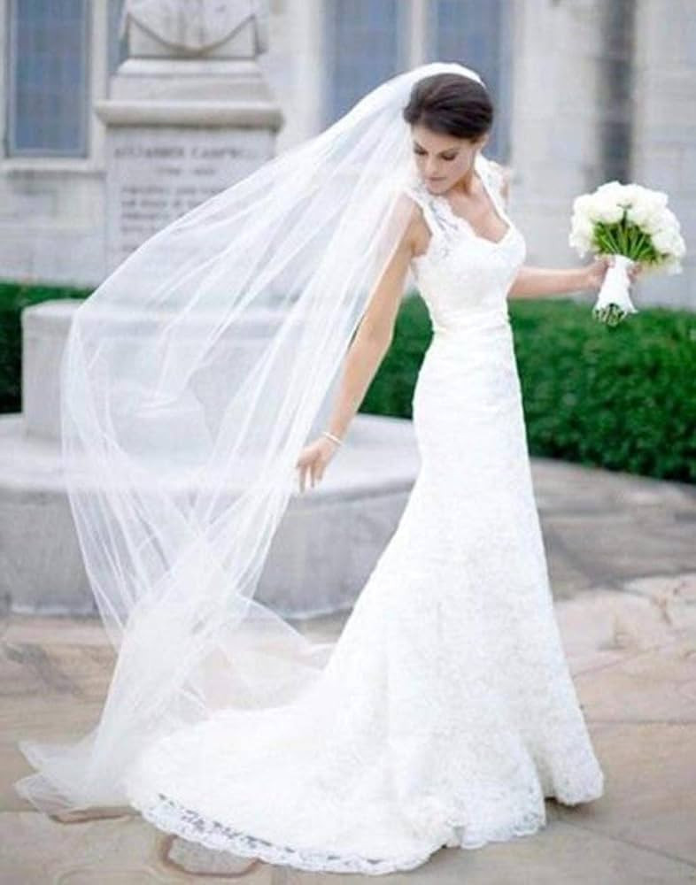 Ursumy Bride Wedding Veil Long Cathedral Veil Drop Veil Simple Soft Tulle Bridal Veils Single 1T/... | Amazon (US)