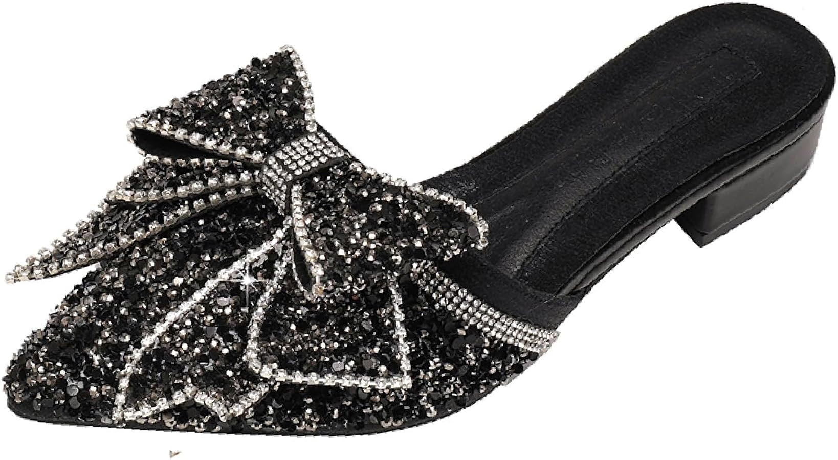 Women's Bow Rhinestone Glitter Low Heels Mules Fashion Closed Pointed Toe Backless Slip on Comfor... | Amazon (US)