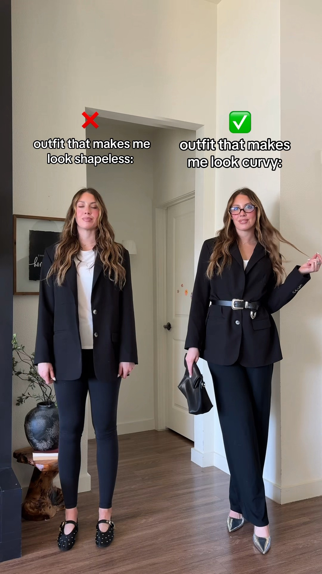 These are the pants you throw on when you want to look put together…
but still feel like you’re in comfy clothes.  They are so comfy & stretchy and come in multiple inseam options! I’m wearing a small 35” inseam!

Why the right outfit creates curves
1. Defined waist (the biggest shift)
* The belt + slightly cinched blazer instantly creates an hourglass illusion
* Your eye goes in at the waist → makes hips + bust look fuller
