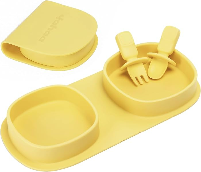 Silicone Baby Foldable Dinner Plates with Forks and Spoons, Lemon | Amazon (US)