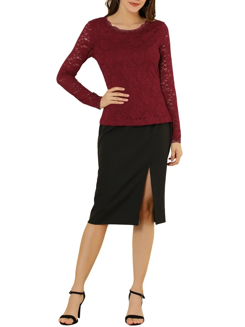 DARING DIVA Sheers Flower Embroidery Lace Top M Burgundy | Walmart (US)