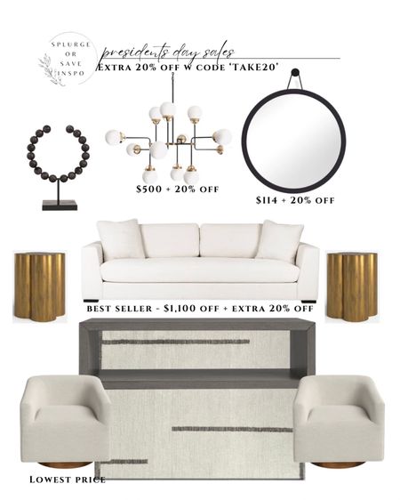 Living room furniture. White sofa. Brass side table. Round mirror. Rectangle coffee table storage. Swivel accent chair. 

#LTKsalealert #LTKhome