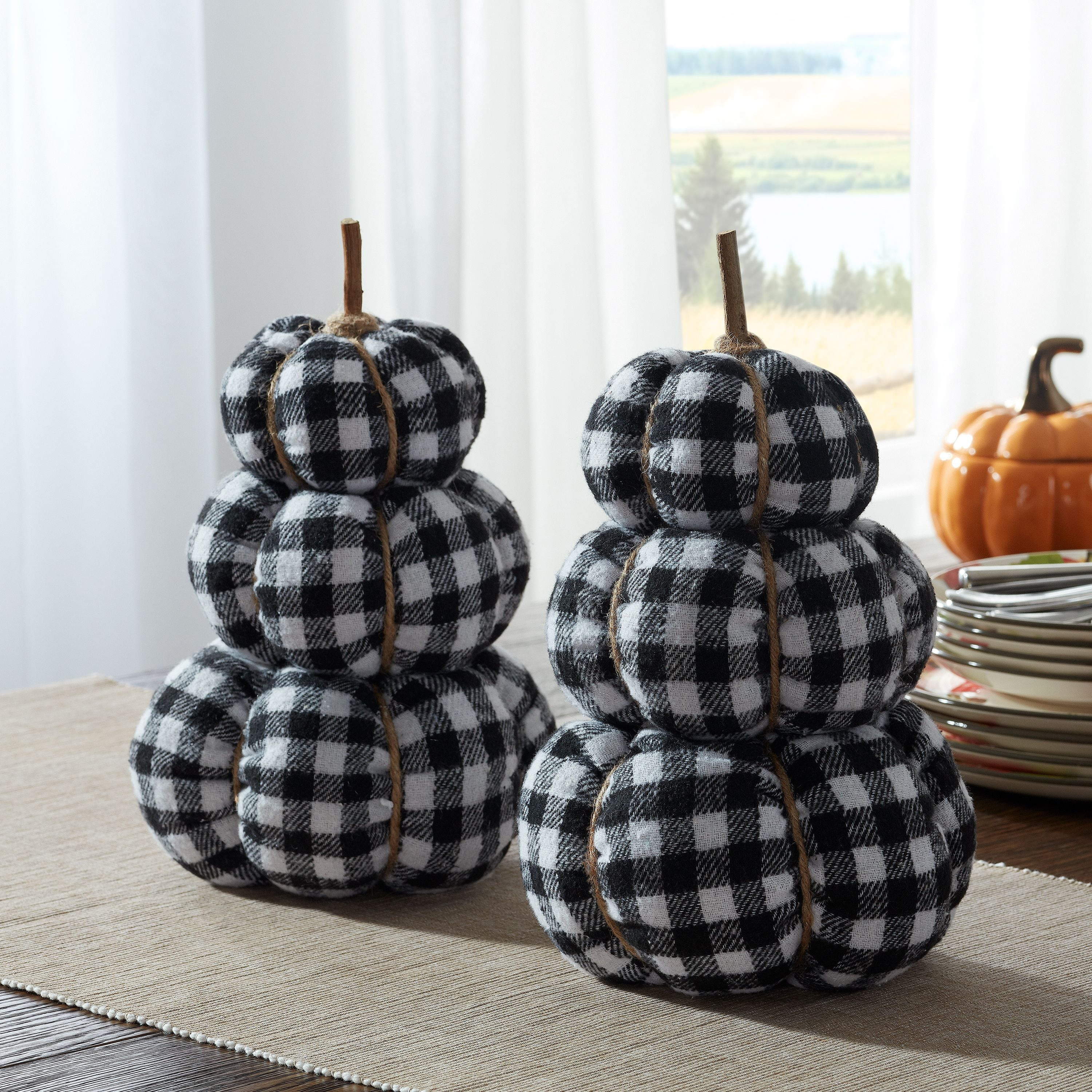 Way To Celebrate Harvest Plaid Stacked Fabric Pumpkins, Black, 2 Count | Walmart (US)