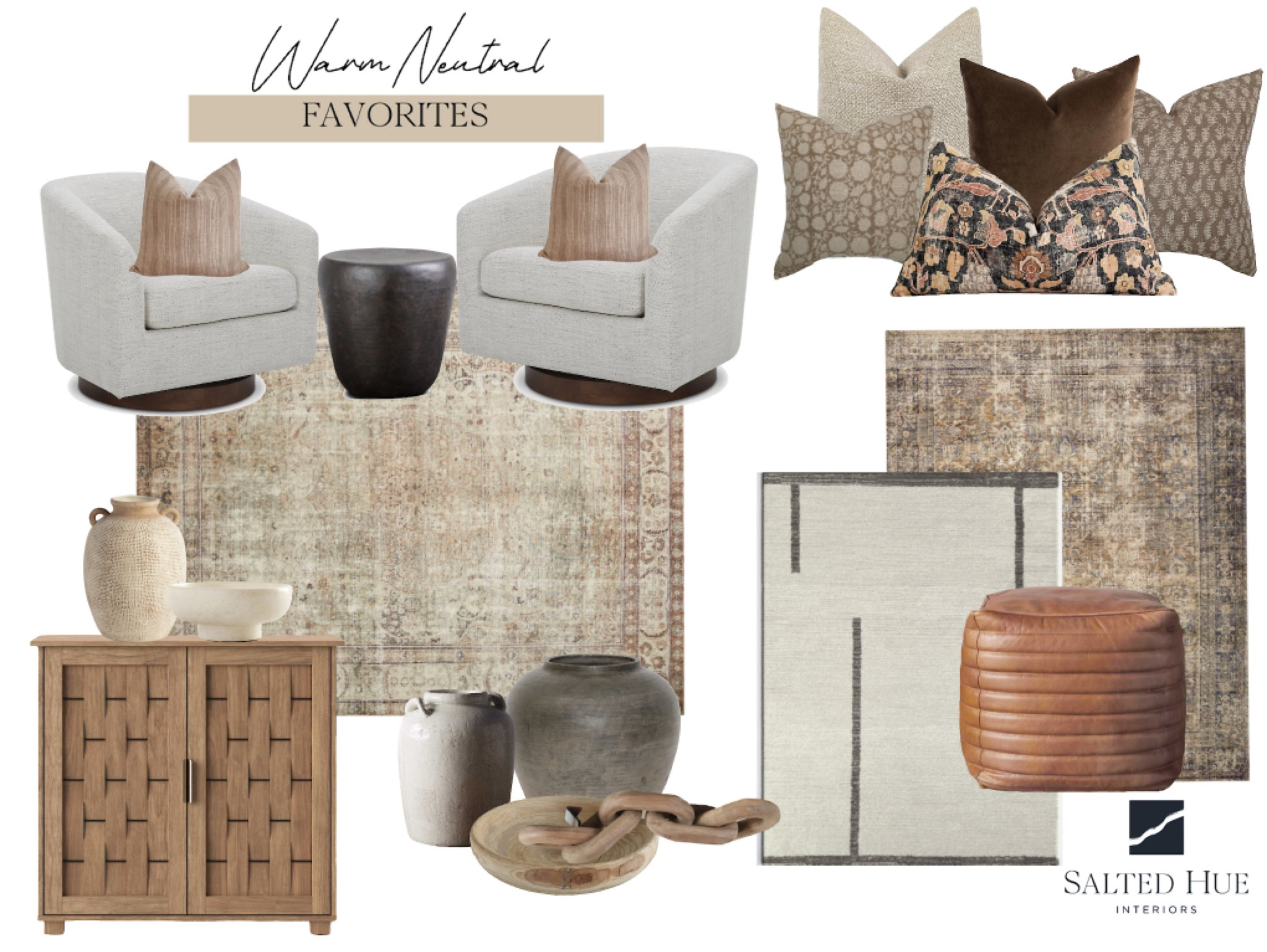 This living room mood board has cloth chairs, side table, pillows, leather stool, console table, rug, pots, decorative links, neutral colors, tan shades, and warms tones.

#LTKhome #LTKstyletip