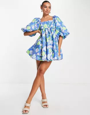 ASOS EDITION puff sleeve empire mini dress in abstract blue floral print | ASOS (Global)