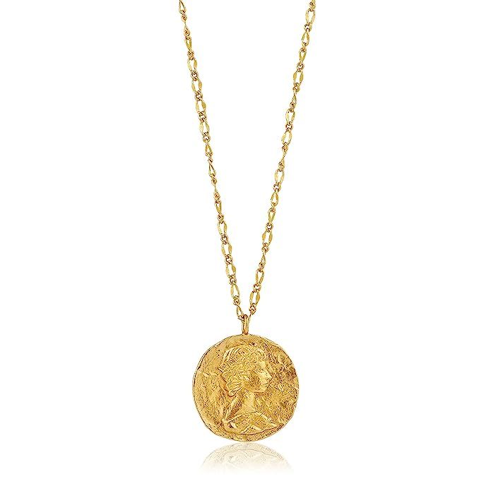 925 Sterling Silver Long Statement Hammered Roman Coin Pendant Necklace for Women, 14K Yellow Gold | Amazon (US)