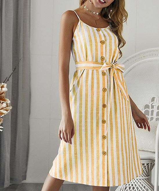 Sucrefas Women's Casual Dresses - Yellow Stripe Tie-Waist Sleeveless Button-Up Midi Dress - Women | Zulily