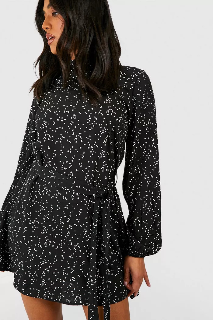 Petite Ditsy Spot Print Belted Skater Dress | Boohoo.com (UK & IE)
