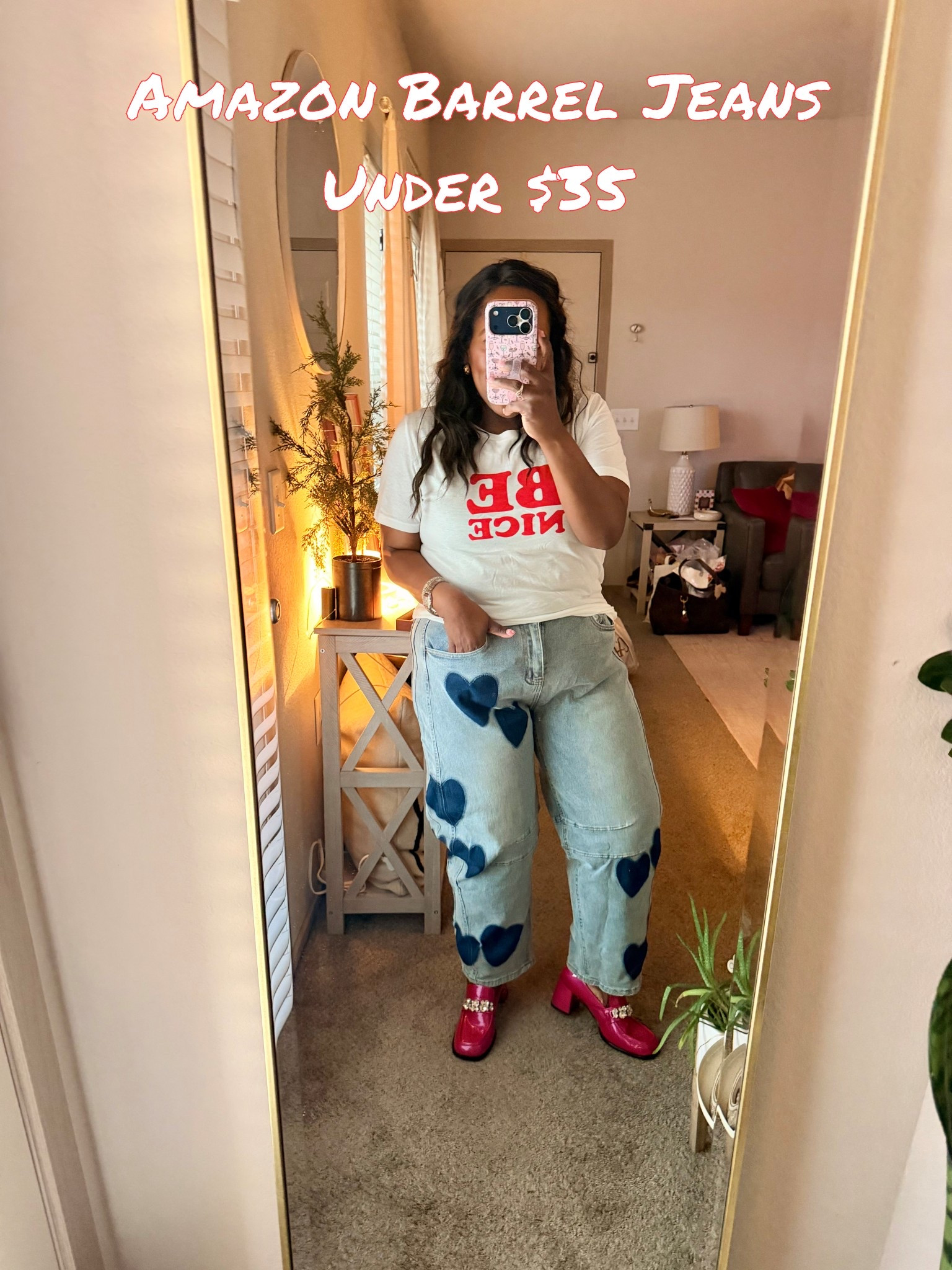 How fun are these barrel jeans with the cute heart prints all over from Amazon? I’m wearing the size large and I’m a 5’0 - I do have like a 3inch chunky loafer, which these are from Marc Nolan and so fun for Valentine’s Day 💕 

#LTKgrwm #LTKootd #LTKSeasonal