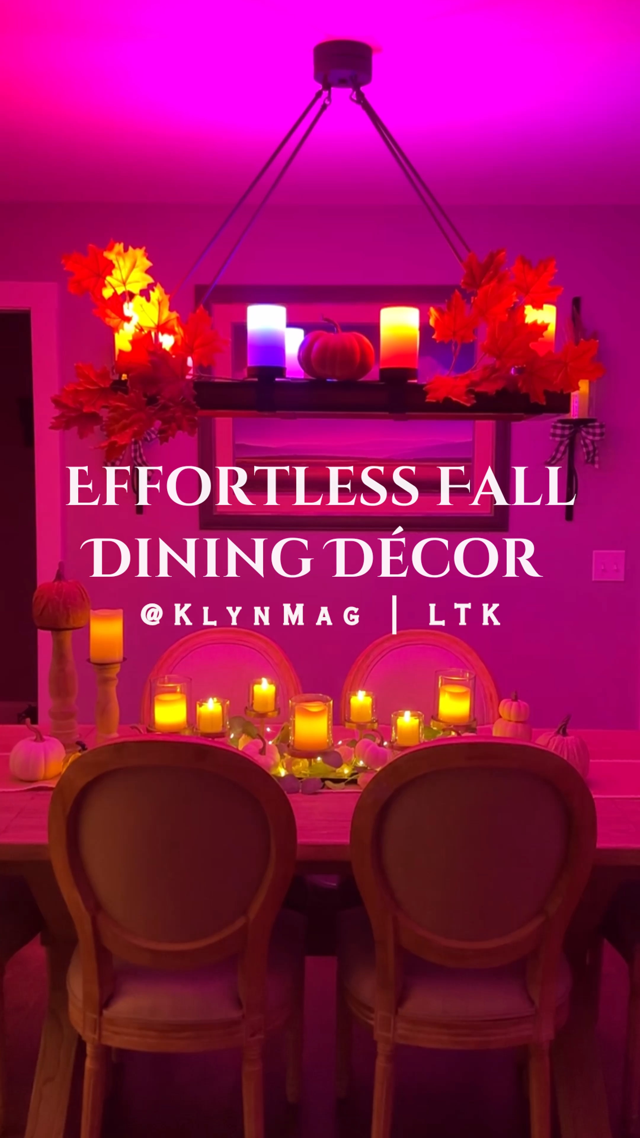 Effortless Fall Dining Decor! ✨🍂 Transform your fall dining space with this effortless decor idea! Featuring THE gorgeous Draper Brass Pillar Candle Centerpiece from Pottery Barn, white pumpkins, flickering rechargeable candles.  The best part? These WIFI lightbulbs change color for any occasion! Perfect for adding a magical touch to your fall dinners and holiday parties! Shop now to recreate this cozy fall look! 🕯️🎃 #FallDecor #DiningInStyle #AutumnVibes #CozyHome #GoveeLights 

#LTKHoliday #LTKVideo #LTKHalloween