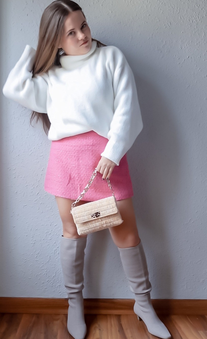 Flattering petite-friendly date night outfit.Featuring tucked in white sweater, pink mini skirt and beige knee high boots.

#LTKootd #LTKMidsize #LTKPetite