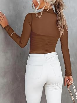 REORIA Women’s Trendy Sexy Mock Turtle Neck Long Sleeve Sheer Mesh Ruched Going Out Bodysuits T... | Amazon (US)