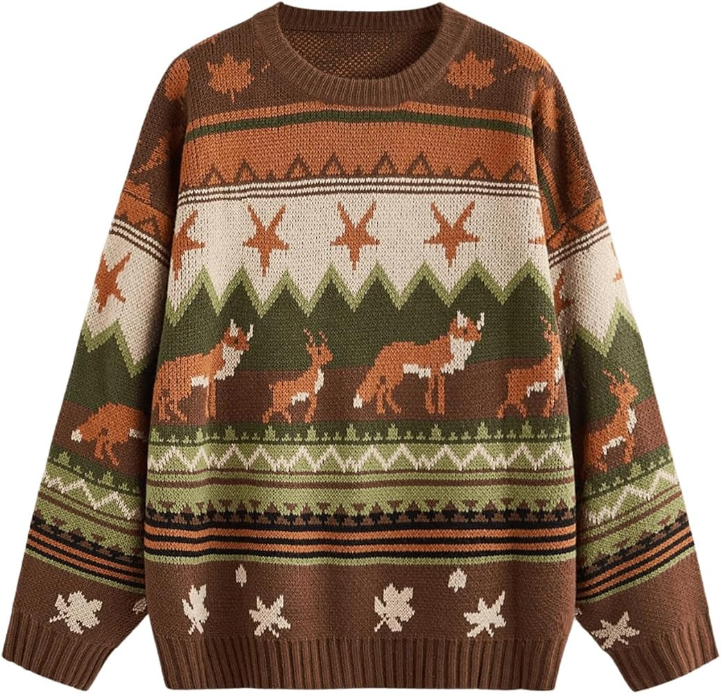 MakeMeChic Women's Vintage Sweater Geo Pattern Striped Crew Neck Long Sleeve Drop Shoulder Knit P... | Amazon (US)