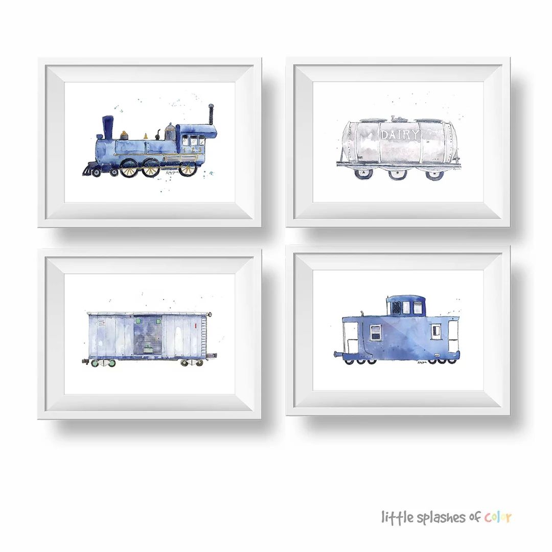 Set of 4 Navy Blue Train Prints, Train Wall Art, Toddler Boys Room Decor, Train Gift | Etsy (US)