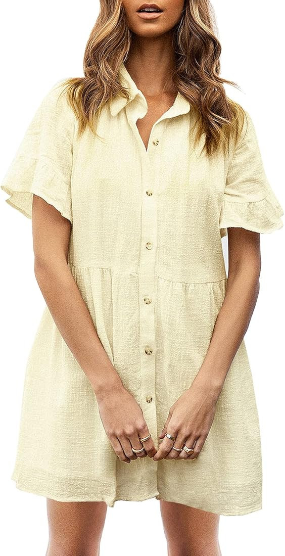 ROYLAMP 2023 Women's Cute Tunic Dress Bell Sleeve Split Hem Button up Flowy Summer Collared Mini ... | Amazon (US)