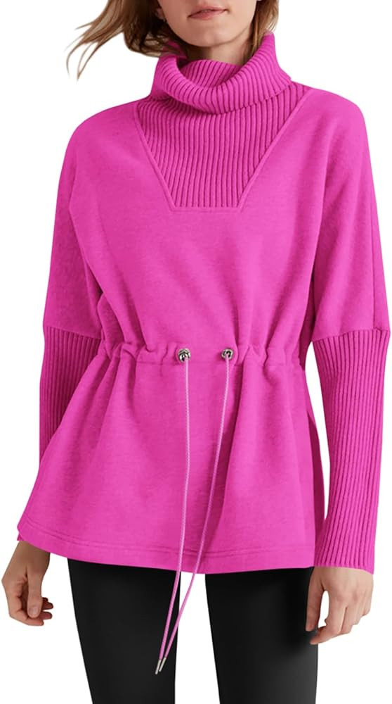 Fisoew Women's Turtleneck Sweatshirts Fleece Drawstring Waist Casual Long Sleeve Pullover Side Sl... | Amazon (US)