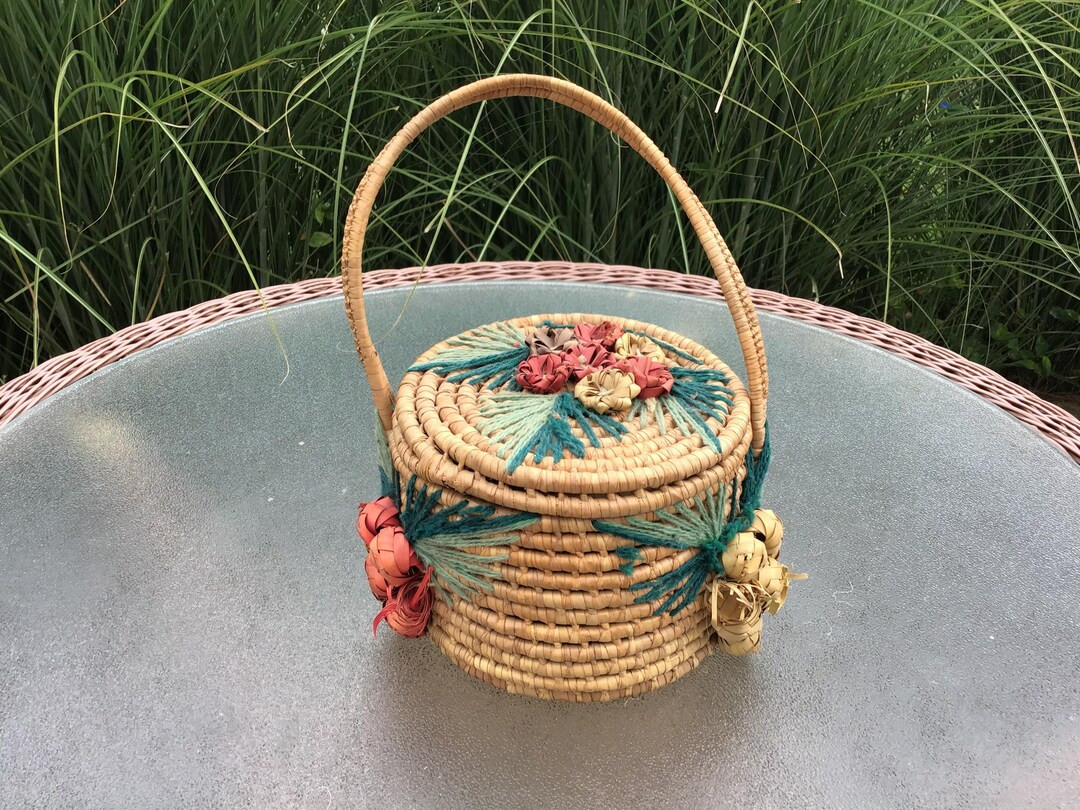 Antique Hand-made Basket Purse Handbag Sewing Flowers w/ Lid ~ Handle ~ Darling! | Etsy (US)