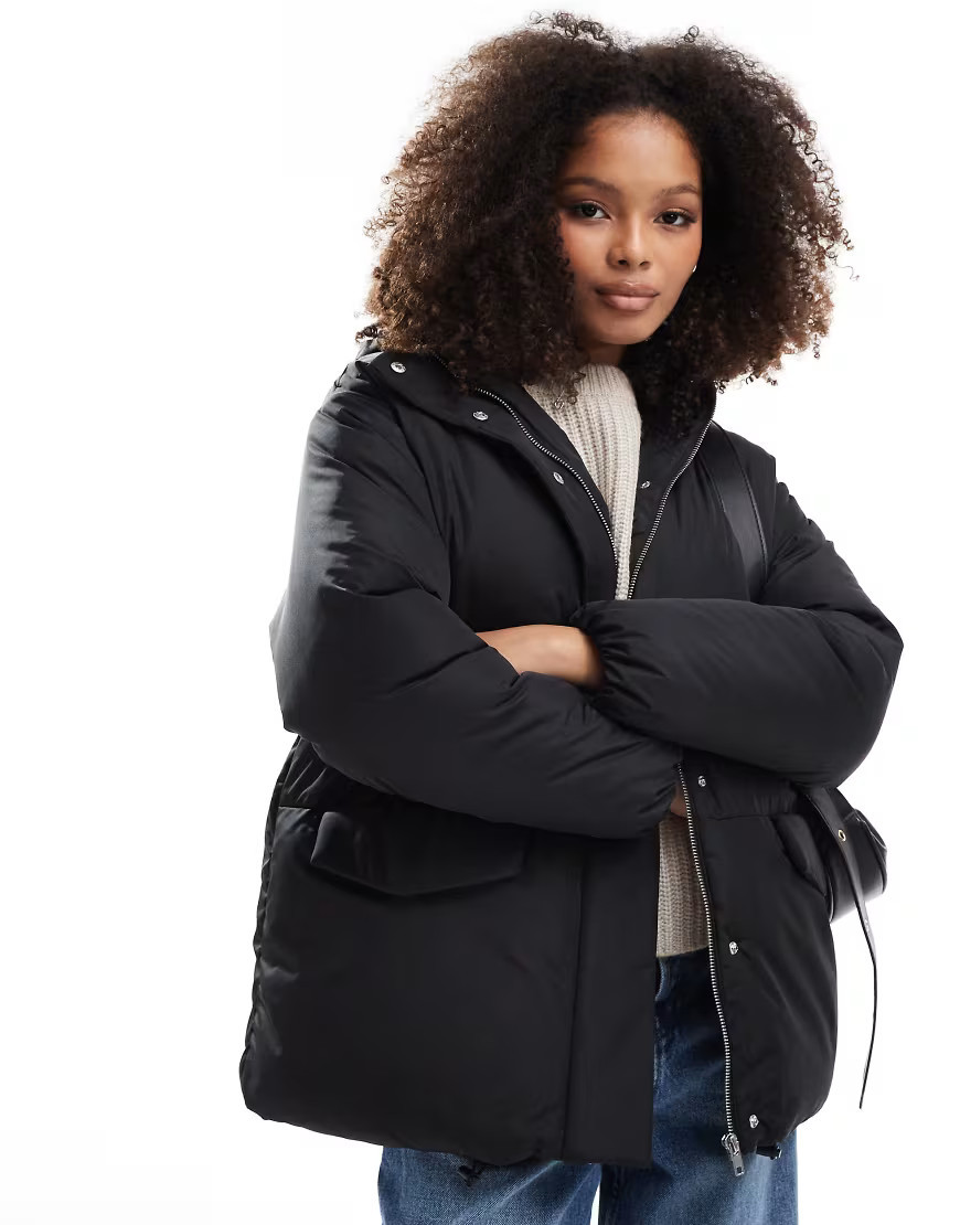 ASOS DESIGN oversized puffer jacket with hood in black | ASOS (Global)