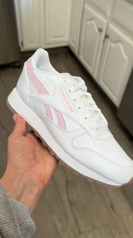 Pink Reebok classics! My favorite white sneakers for all year. Size down a half 