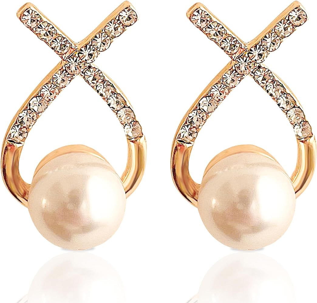 New Inlaid Rhinestone Pearl Stud Earrings Women Personality Fashion Unique Design Wedding Jewelry... | Amazon (US)