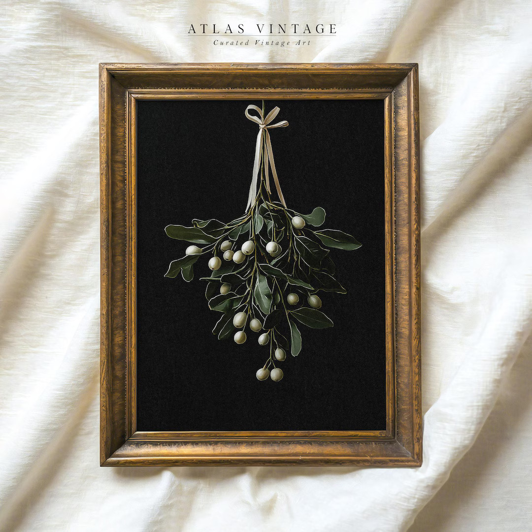 Vintage Christmas Mistletoe Painting Print, Antique Moody Winter Wall Decor, Dark Festive Printab... | Etsy (US)