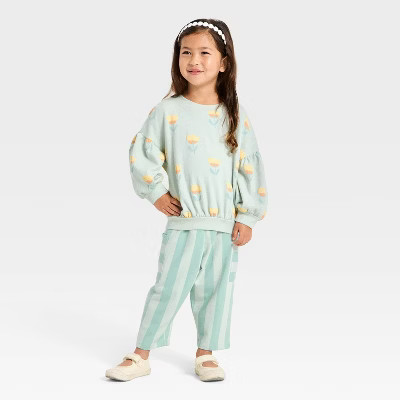 Toddler Girls' Flower Pullover Sweater and Pull-On Pants Set - Cat & Jack™ Mint Green | Target