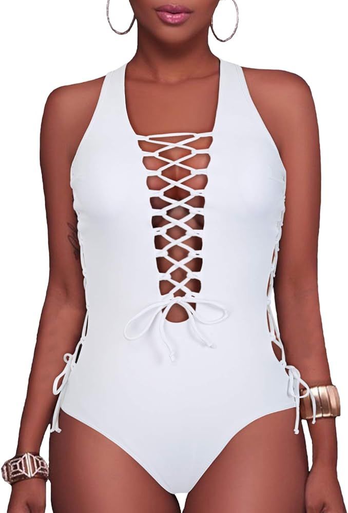 Women Sexy One Piece Swimsuits Lace up Plunge Monokini Criss Cross Bathing Suits Strappy Cross Ba... | Amazon (US)