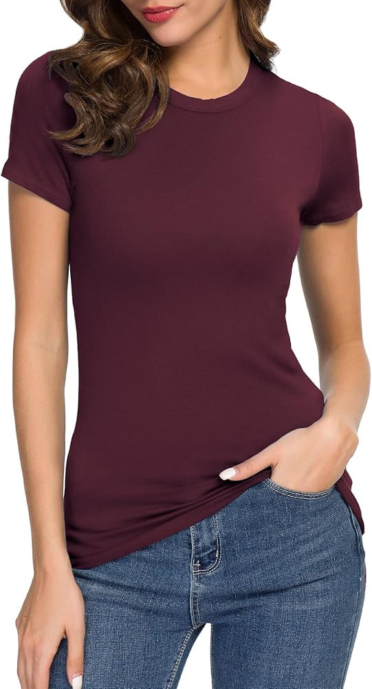 Women's Crewneck Slim Fitted Short Sleeve T-Shirt Stretchy Bodycon Basic Tee Tops | Amazon (US)
