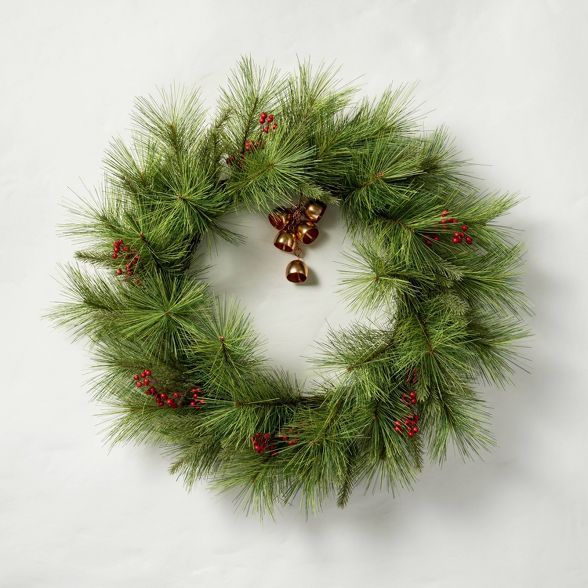 Faux Pine Wreath with Red Berries and Bells - Hearth & Hand™ with Magnolia | Target