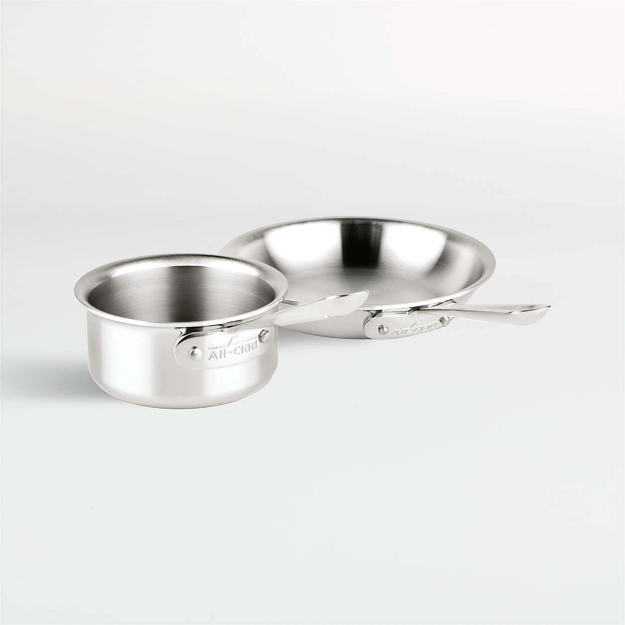 All-Clad D3 Stainless Steel Kitchen Helper Saucepan and Fry Pan Set + Reviews | Crate & Barrel | Crate & Barrel
