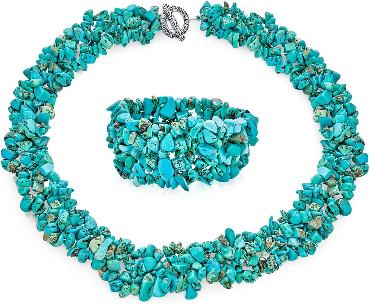 Large Wide Color Gemstone Chips Cluster Multi Strand Statement Bib Collar Necklace Stretch Bracel... | Amazon (US)