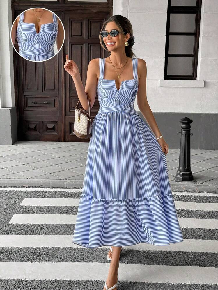 Pariaura Women V-Neck Striped Criss-Cross Dress | SHEIN