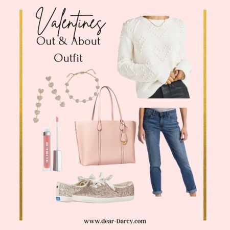 Valentine’s Outfit …🌸💕 Out and about!

A subtle white and light pink Valentines day look, but also perfect for anyone who loves hearts and pale pink!

I have this sweater in red fits tts

Kut from the Kloth Boyfriend jeans on Major sale $49
Size down

Tory Burch tote

Buxom lip plumper in Champagne 
One of my go to lip glosses

And bauble bare  heart jewelry 

Kate spade glittery tennis shoes

#LTKstyletip #LTKFind #LTKsalealert