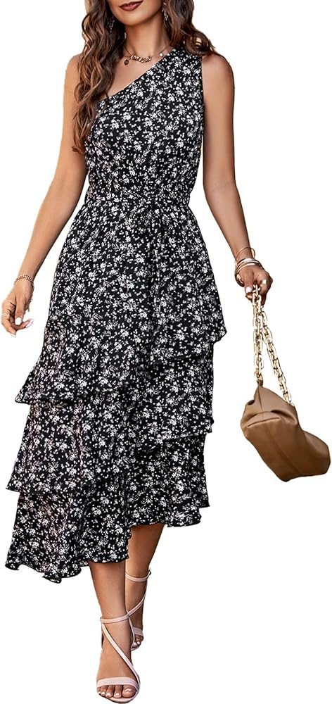 PRETTYGARDEN Womens Summer Floral One Shoulder Tiered Ruffle Flowy Midi Beach Boho Dress | Amazon (US)