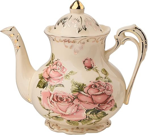 YOLIFE Pink Rose Ceramic Tea Pot, Ivory Vintage Floral Teapot with Gold Leaves Edge Gifts for Wom... | Amazon (US)