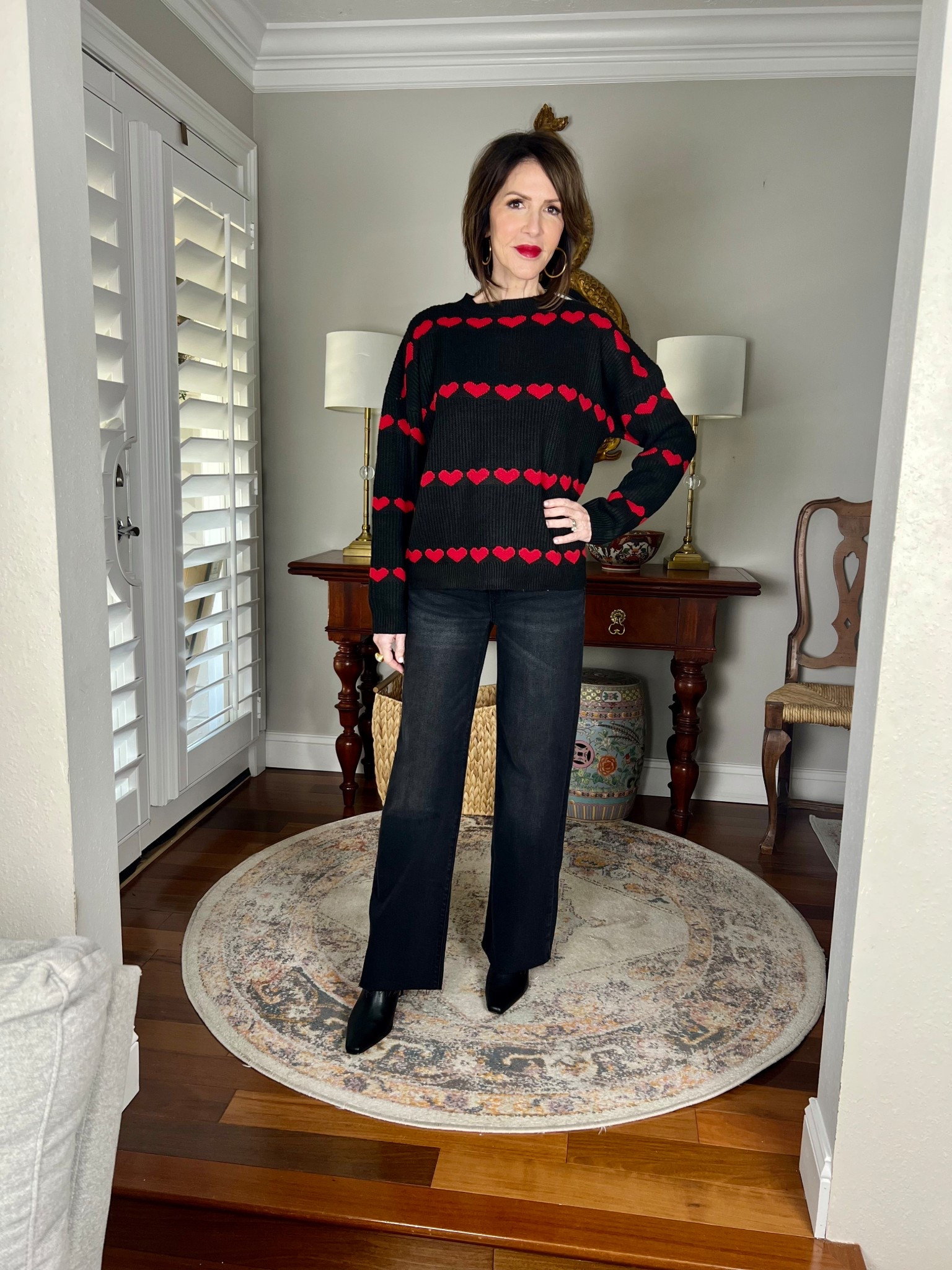 heart sweater, black wide leg jeans, over 50 outfits 

#LTKgrwm #LTKOver40 #LTKootd