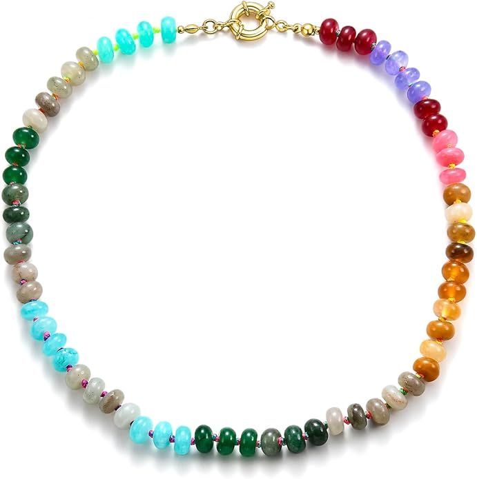 Beaded Gemstone Necklace for Women, Colorful Boho Bead Choker Necklace Natural Stone Freshwater P... | Amazon (US)