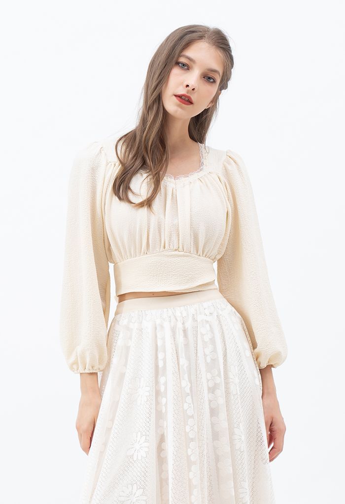 Pearly Neck Tie Back Embossed Crop Top in Cream | Chicwish