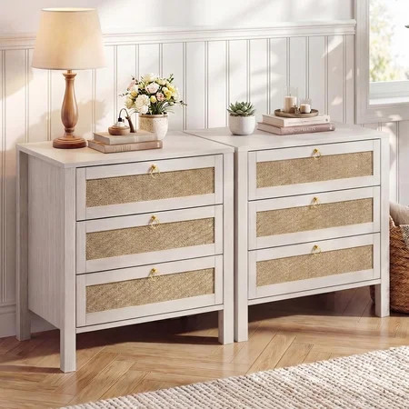 Studyset Nightstand Set of 2, Rattan Bedside Table with Golden Handle, Boho 3 Drawer Night Stand, Large Wicker Side Table, Boho Wood Night Stand for Bedroom, Living Room | Walmart (US)
