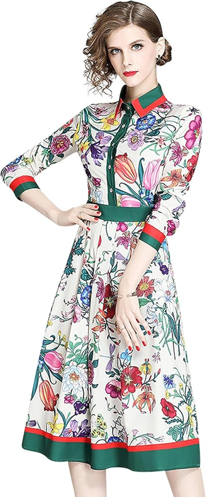 LAI MENG FIVE CATS Women's 3/4 Sleeve Floral Print Button up Casual A-line Flowy Midi Dress | Amazon (US)