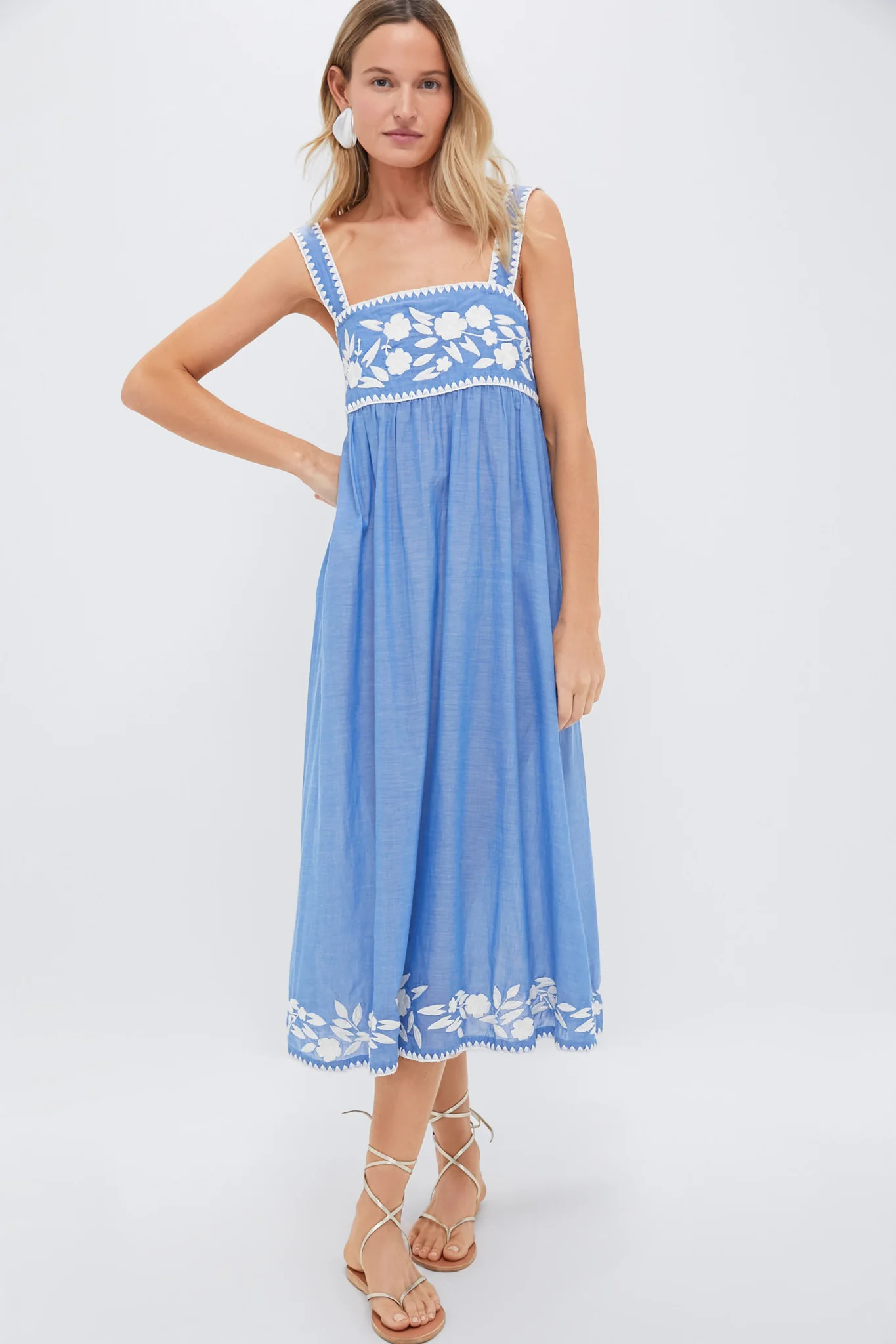 Denim and Cream Chambray Tie Back Dress with Embroidery | Tuckernuck (US)