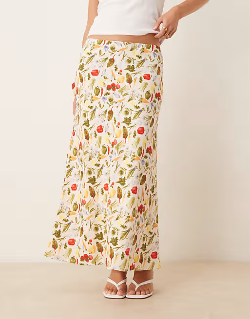 Abercrombie & Fitch bias cut linen maxi skirt in vegetable grid print | ASOS (Global)