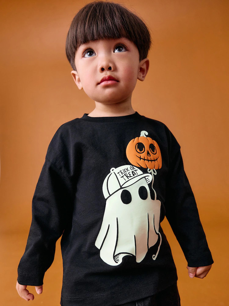 Buy Black Glow in the Dark Ghost Halloween Long Sleeve Graphic Print T-Shirt (3mths-7yrs) from Ne... | Next US