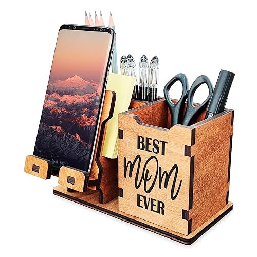 Wooden Pen Pencil Holder with Cell Phone Stand Mothers Day Gifts for Mom Birthday Gifts, New Mom,... | Amazon (US)
