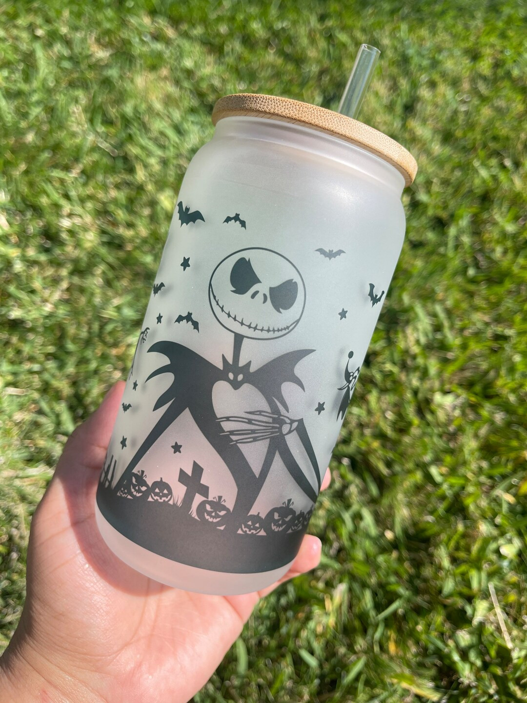 Jack Skellington Frosted Glass Can / Halloween Glass Can / - Etsy | Etsy (US)