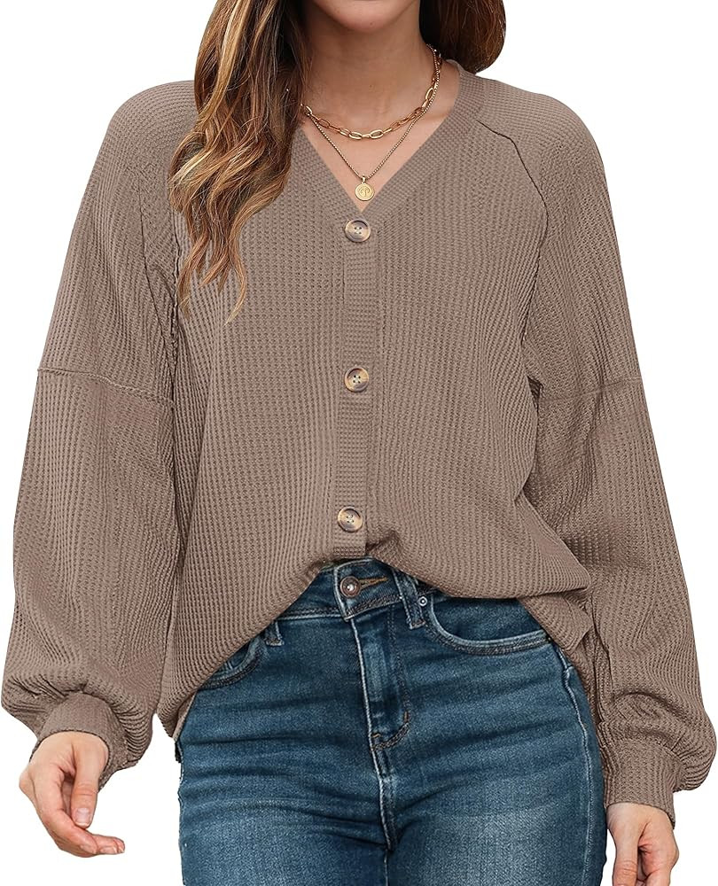 WNEEDU Womens Waffle Knit Button Down Tops Loose Long Sleeve V Neck Casual Shirts 2024 Fall Blous... | Amazon (CA)