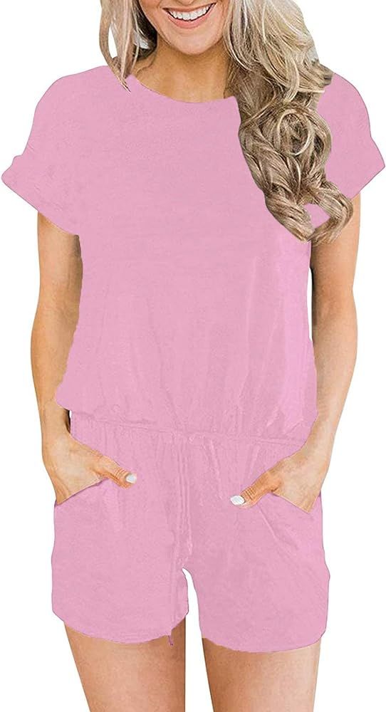 Hount Women's Summer Short Sleeve Romper Casual Loose Stirped Short Rompers Jumpsuits with Pocket... | Amazon (US)