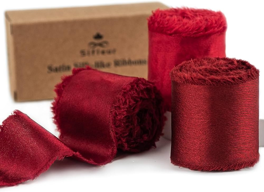 Silk Satin Ribbon, Dark Red Maroon Christmas Ribbon, 1-1/2 inch x 15 Yd Handmade Frayed Fringe Fa... | Amazon (US)